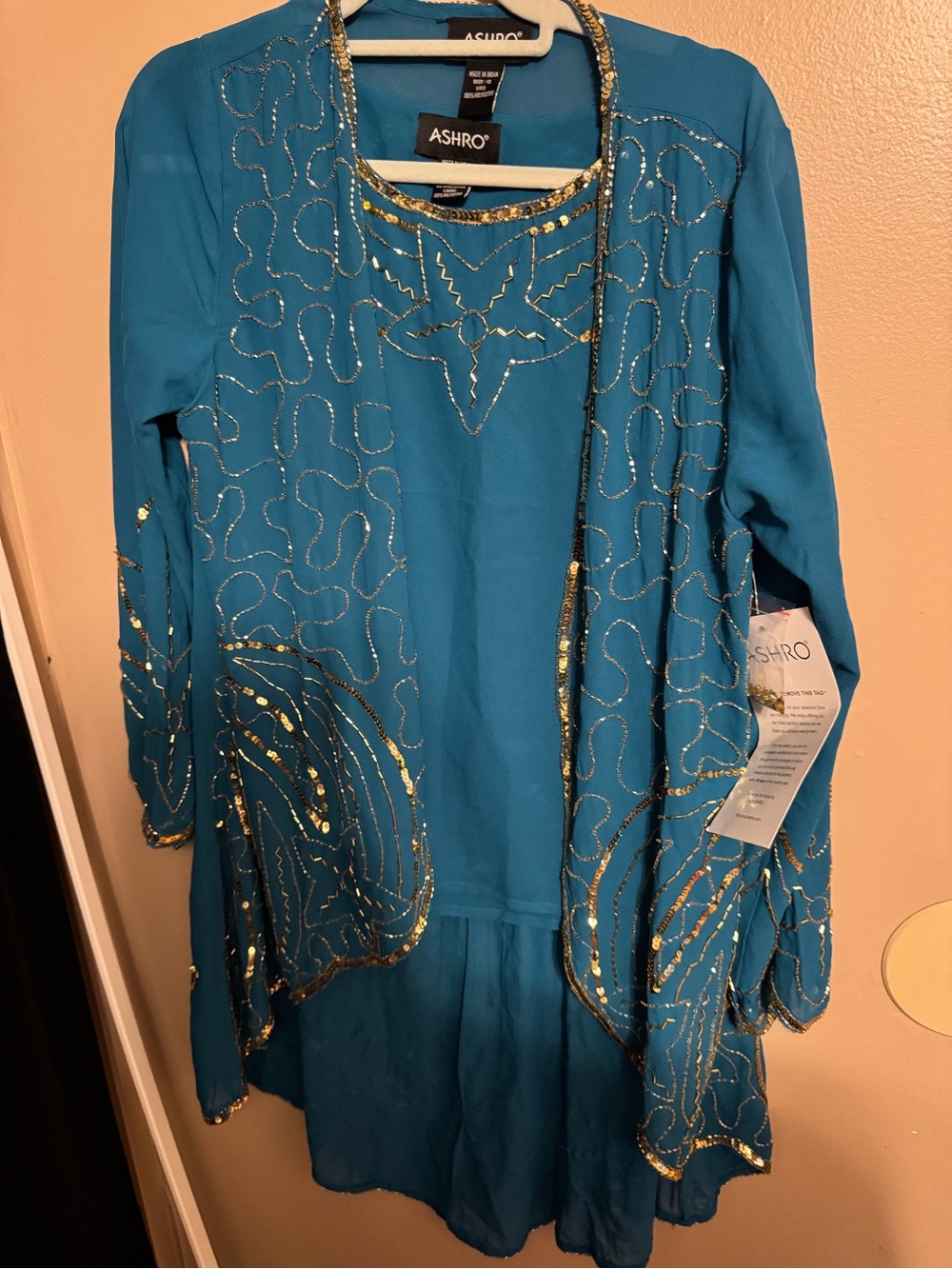 Ashro Teal Open-Front Jacket with Gold Sequin Embellishment